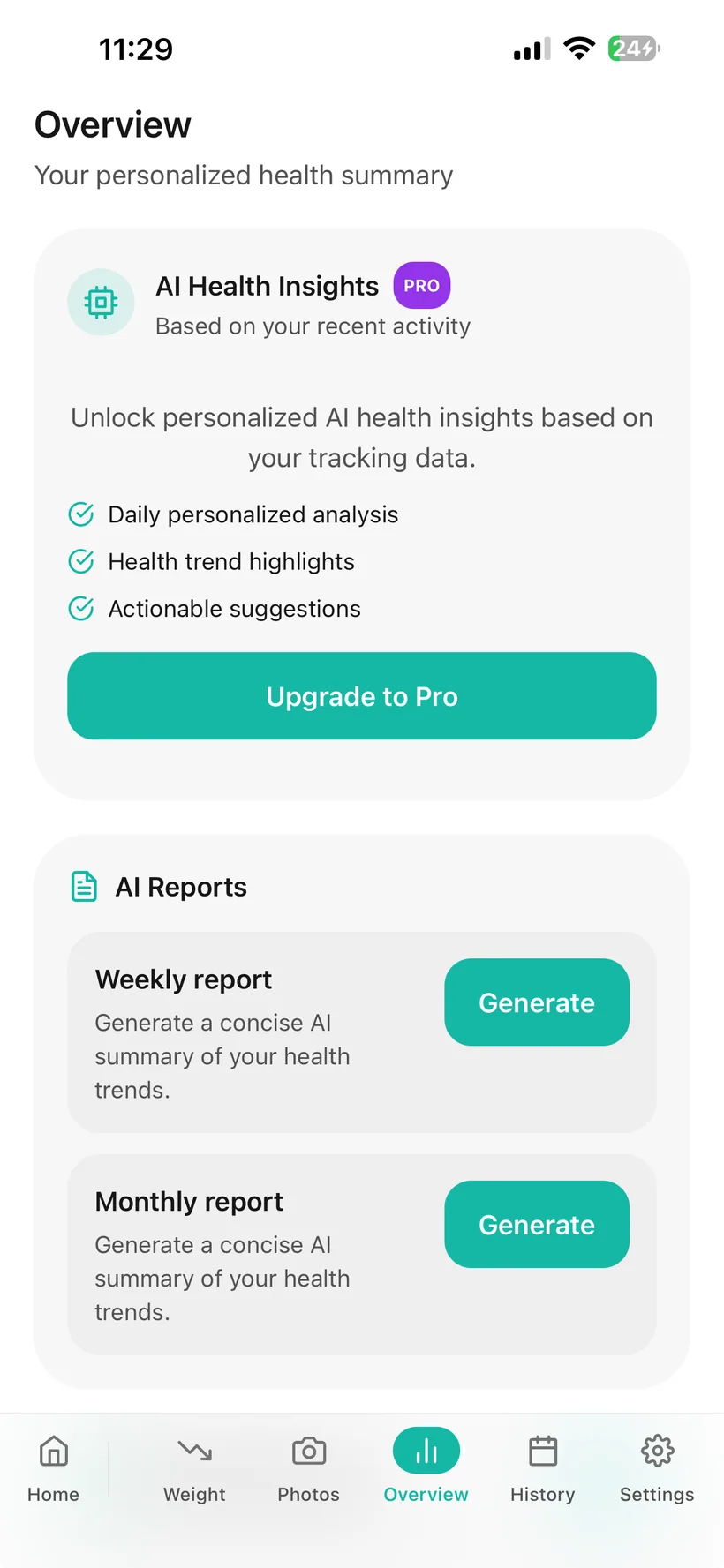 Habits app Overview screen showing AI insights and weekly and monthly report controls