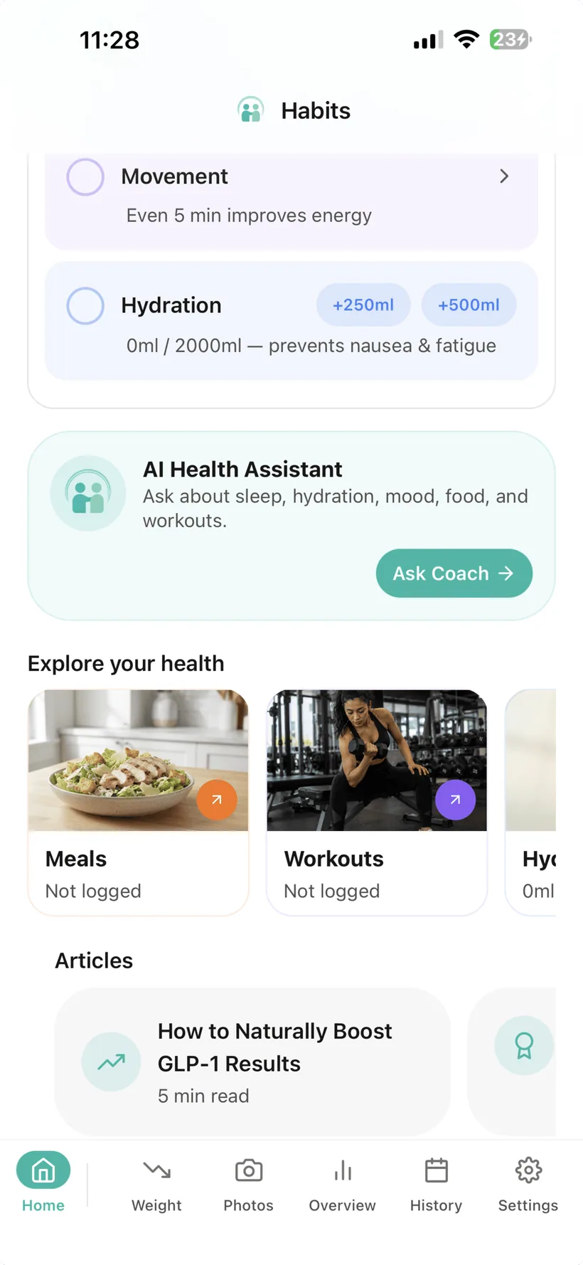 Habits home screen showing hydration quick-add, meals, workouts and articles